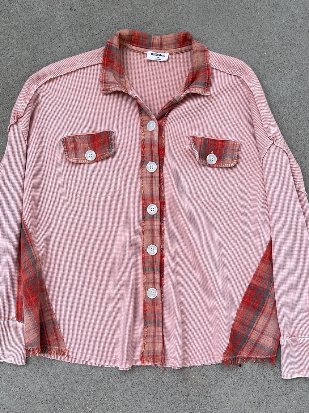 Mittoshop Plaid Contrast Waffle Knit Boho Shacket Raw Hem Top Western Boho S/M